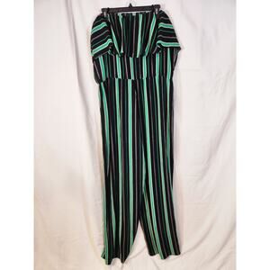 Ups & Downs $40 1X Black White Green Striped Ruffle Top Strapless Long Romper